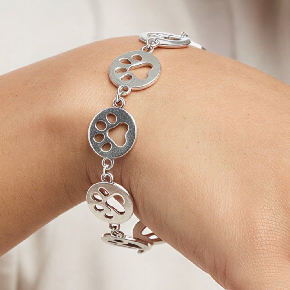 Paw Print Charm Style Bracelet Handmade Silver Metal Lobster Claw